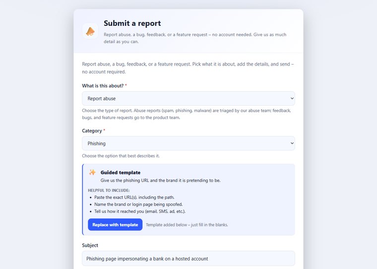 Public intake — four report streams, no login, and a guided template for every category.