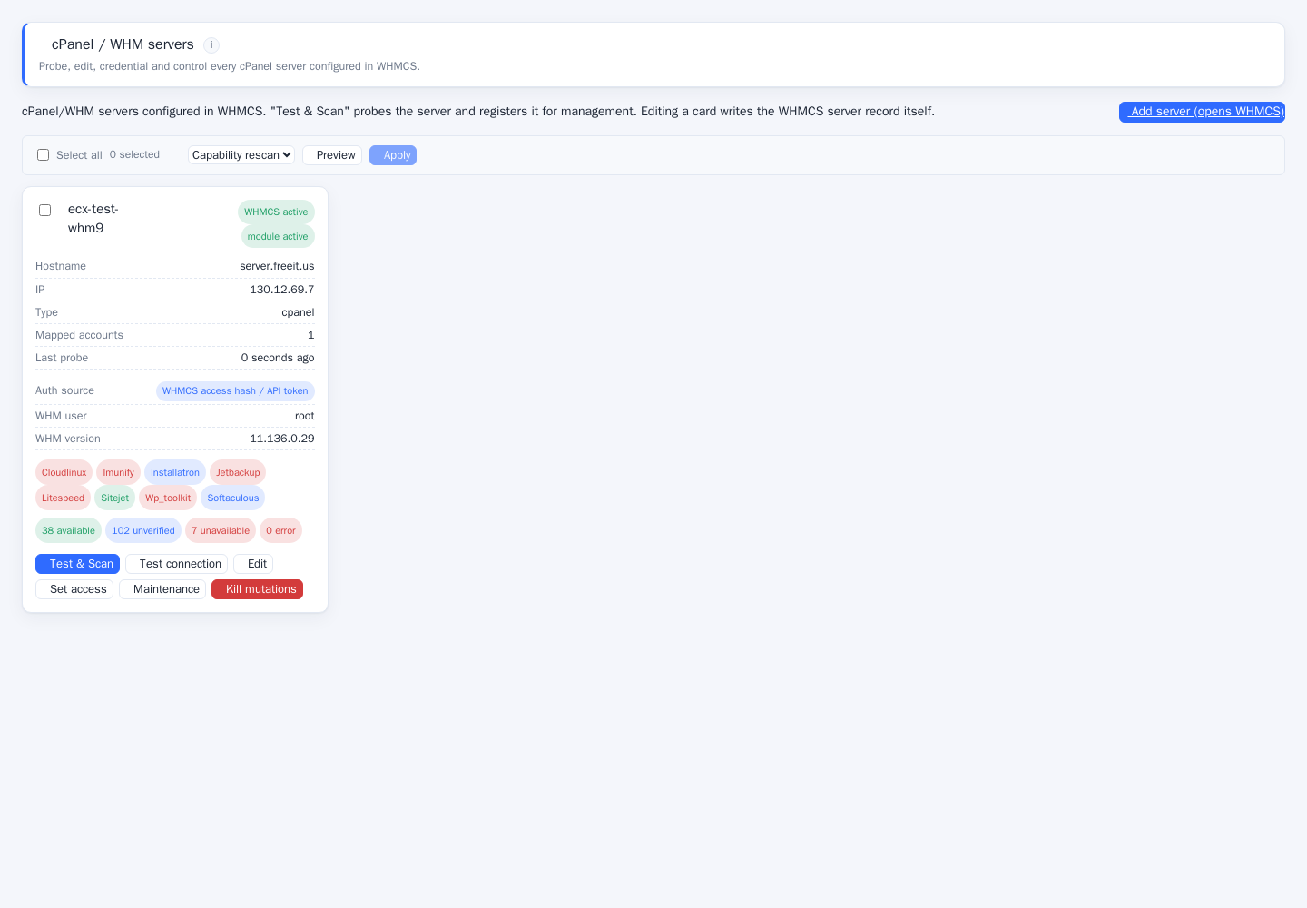 Admin: server inventory with connectivity state and mapped account counts.