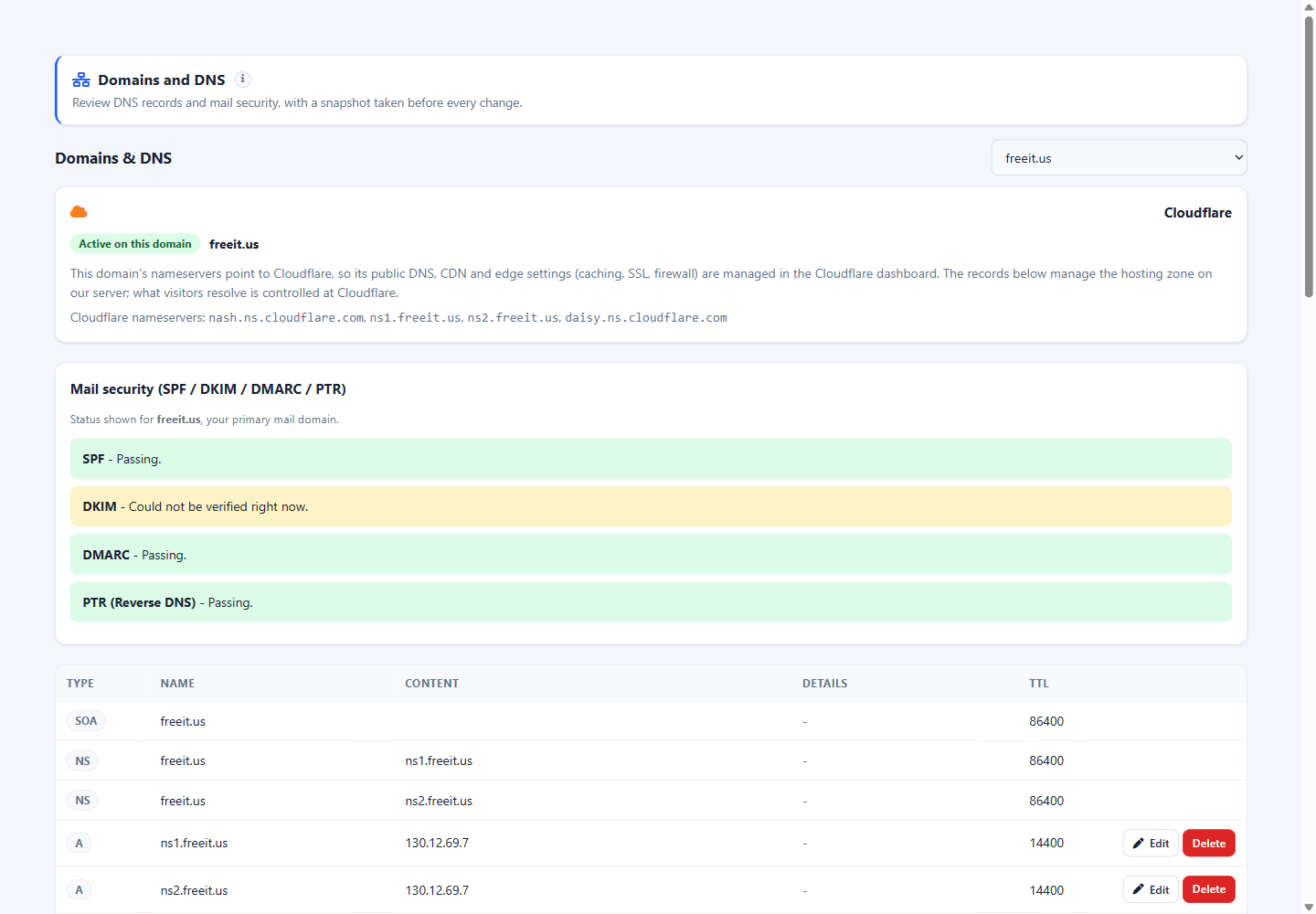 Client: full DNS zone editor with per-record validation.