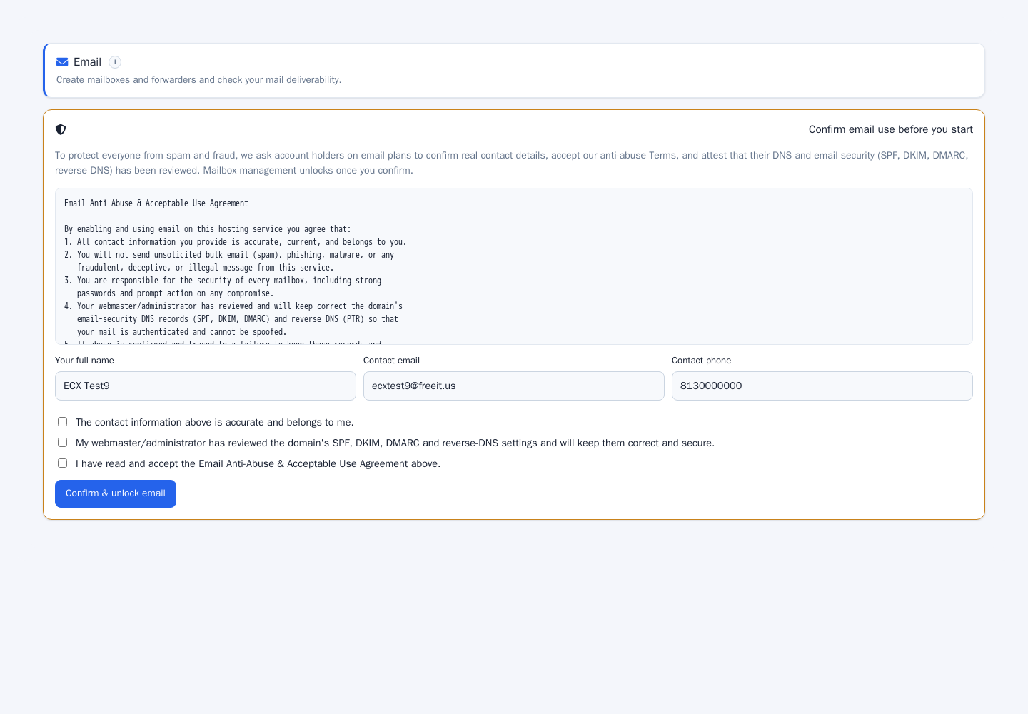 Client: email accounts, forwarders, filters and SpamAssassin.