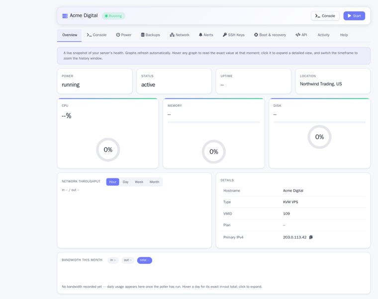 The client panel: power, console, resources and backups in your own theme.