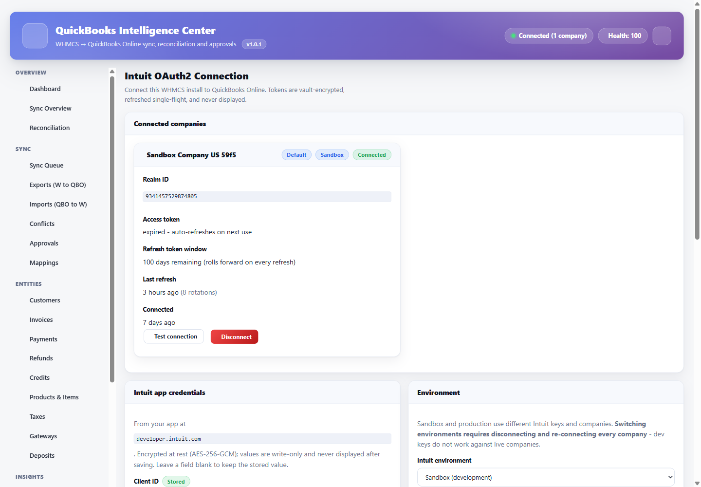 Connection: a live QuickBooks company with realm, token window and rotation count. Credentials are stored write-only and never displayed.
