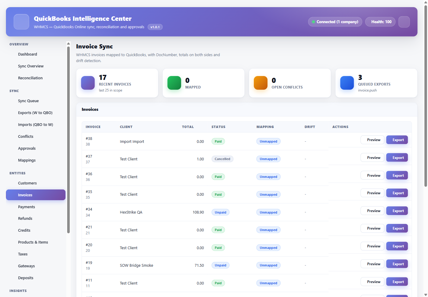Invoices: WHMCS invoices with their QuickBooks mapping and sync state.
