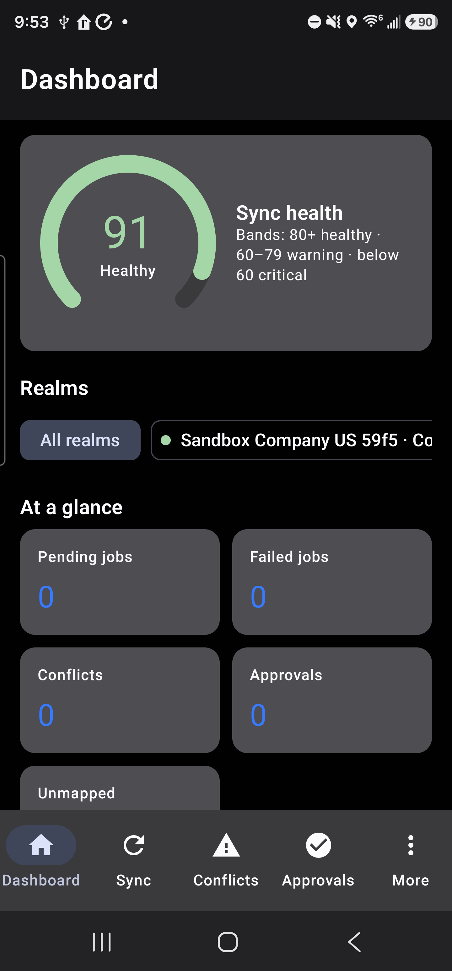 Android app: the connected company and live health, reading through the mobile API.