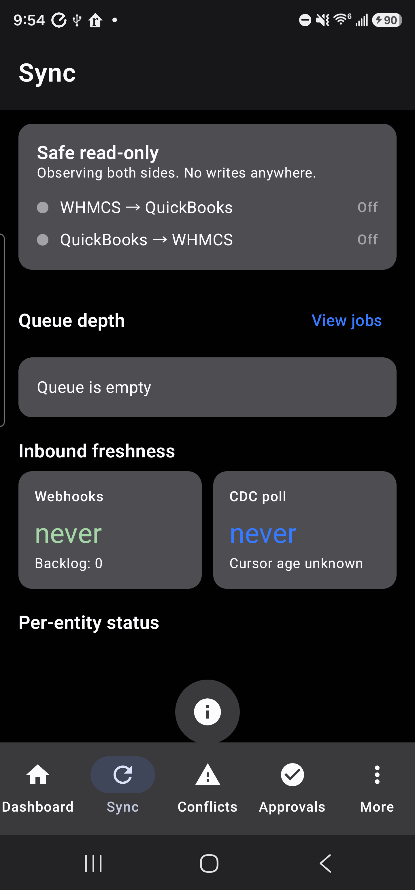 Android app: sync posture — safe read-only, with both directions clearly off.